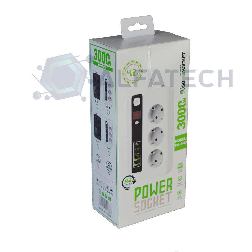 Разклонител 3 гнезда с Type C и USB 2.0 до 3000W BKL-04EU