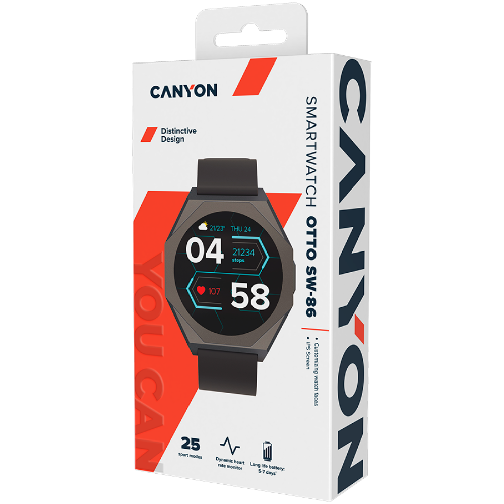 Смарт часовник Canyon Otto SW-86, 45мм, Черен