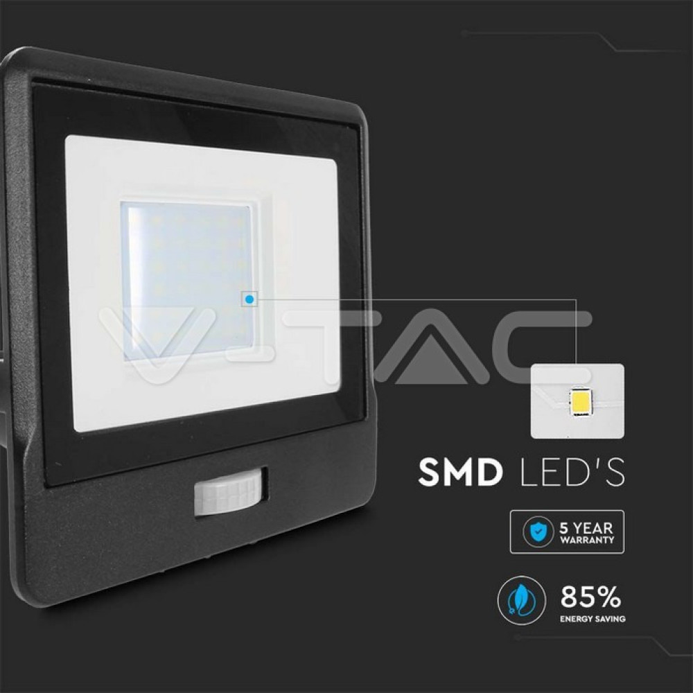 LED Прожектор PIR сензор Samsung CHIP VT-138S-1, 30W, 6500K, Черен